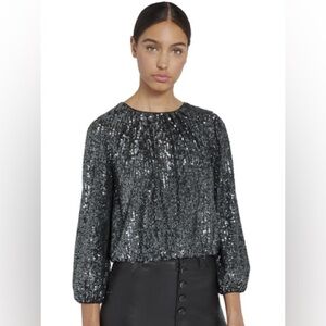 Alice & Olivia Women’s Avila Sequin Blouse Silver Size Fit S Party Top